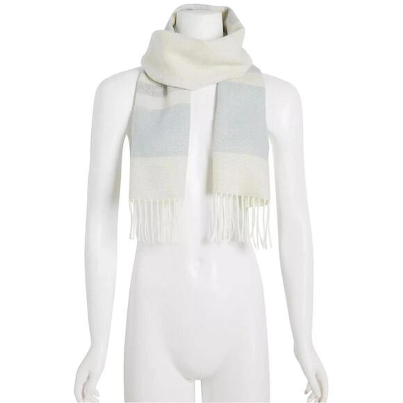 Steve Madden Muffler Scarf Lurex Striped Blue Grey Shimmer Fringe Italy NWT - Picture 1 of 4